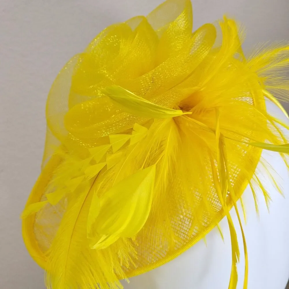 Yellow Fascinator Headband Hair Clip Feathers & Flower Kentucky Derby Tea Party